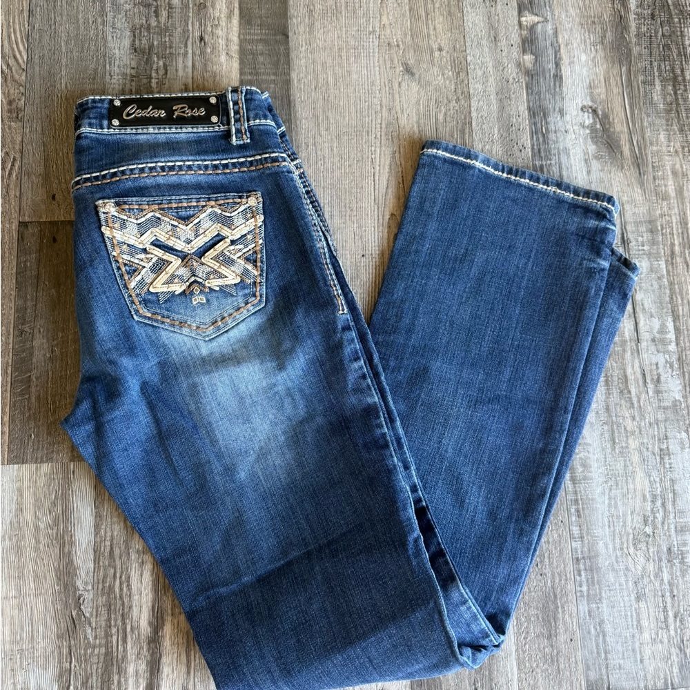 Women's Blue Boot Cut Jeans with Embroidered Pocket